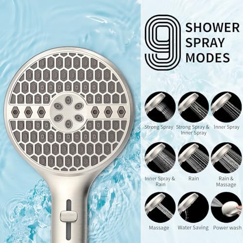 Brushed Nickel Handheld Shower Head, High Pressure 9-Mode Showerhead - Image 2