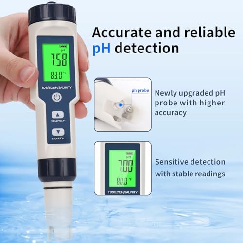Pool Salt Tester,Digital Pool Water Tester,Accurate and Reliable,Salinity, pH Meter, EC, TDS, and Temperature 5 in 1;Salt Water Pool Testing kit, Used for Pool Salt and hydroponic Plants - Image 5