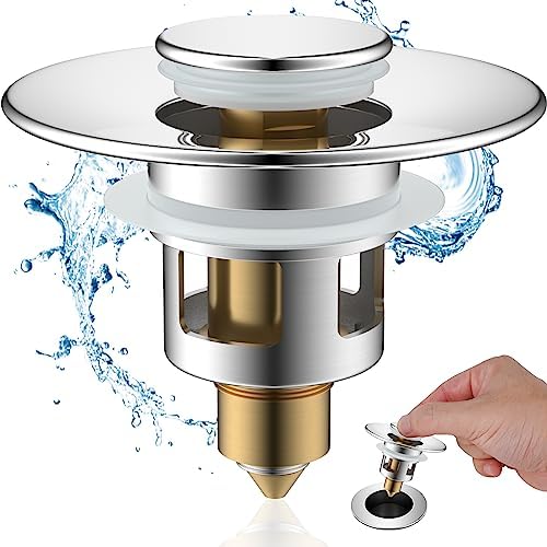 Hibbent All Metal Universal Bathroom Sink Stopper for 1.1''~2.3'' Basin, Pop Up Sink Drain Strainer, Brass Bullet Core Push Type Stopper, Stainless Steel Anti Clogging Drain Filter, Chrome by Hibbent