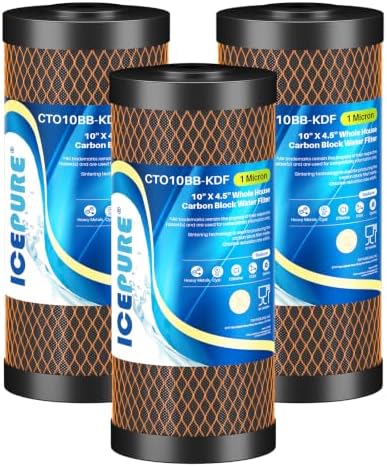 ICEPURE 1 Micron 4.5" x 10" CTO10BB-KDF Whole House Water Filter Coconut Shell Activated Carbon and KDF Heavy Metal Removal Water Filter Replacement for Home, 3PACK by ICEPURE