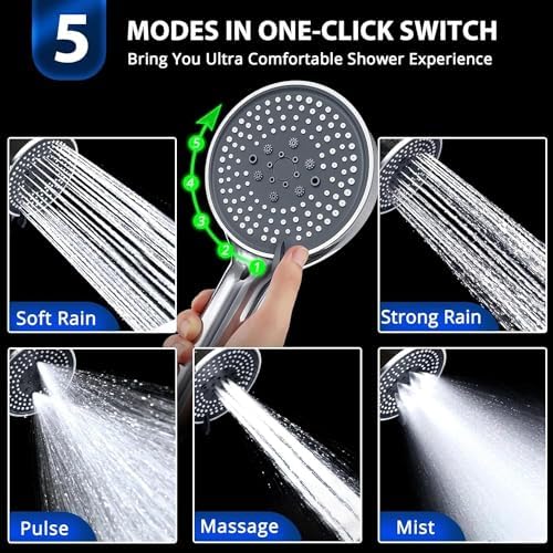 Handheld Shower Head, High Pressure Shower Head With 80" Hose And Adjustable Bracket, Anti-Clog Nozzles, 5 Spray Setting Showerhead, Chrome - Image 3