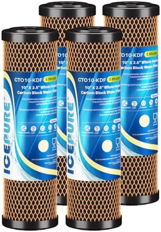 ICEPURE 5 Micron 2.5" x 10" Whole House Water Filter Coconut Shell Activated CTO Carbon and KDF Cartridge for Home, Compatible with WFPFC8002, WFPFC9001, FXWTC, SCWH-5, WHEF-WHWC, AMZN-SCWH-5, 4PACK by ICEPURE