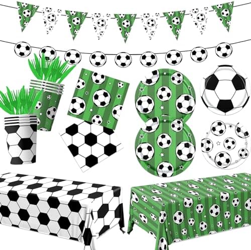 Soccer Party Tableware Set,142pcs Soccer Plates and Napkins Party Supplies Includes Banner, Plates, Cups, Napkins, Tablecloth for Boys Sports Theme Birthday Decorations,Serves 20 by Lenyunge