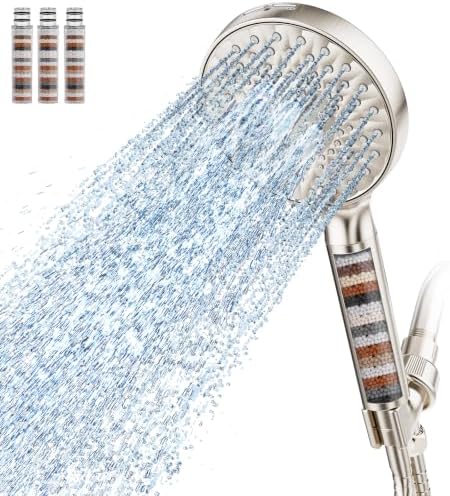 SR SUN RISE Filtered Shower Head with Handheld High Pressure 9 Spray Mode Showerhead Detachable Shower Head Water Softener Filters Beads for Hard Water Remove Chlorine 4 Filters Light Champagne by SRSUNRISE