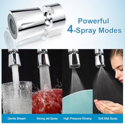 Faucet Aerator 4 Modes, 360° Swivel Faucet Sprayer Head Attachment, Chrome - Image 3