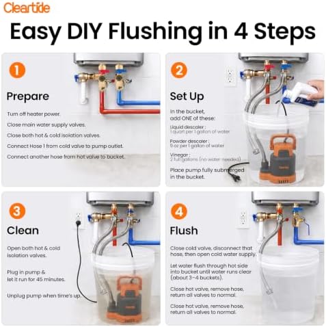Cleartide Tankless Water Heater Flush Kit with 1/3 HP Circulation Pump, 2 Stainless Steel Hoses & Flush Bucket, Reusable Descaling Maintenance Kit for DIY Water Heater Cleaning System - Image 2