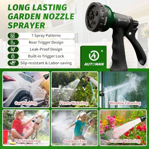 AUTOMAN Garden Hose Nozzle, Water Hose Sprayer Nozzle with 7 Adjustable Watering Patterns, Slip Resistant for Watering Plants, Lawn& Garden, Washing Cars, Cleaning, Showering Pets & Outdoor Fun. - Image 5
