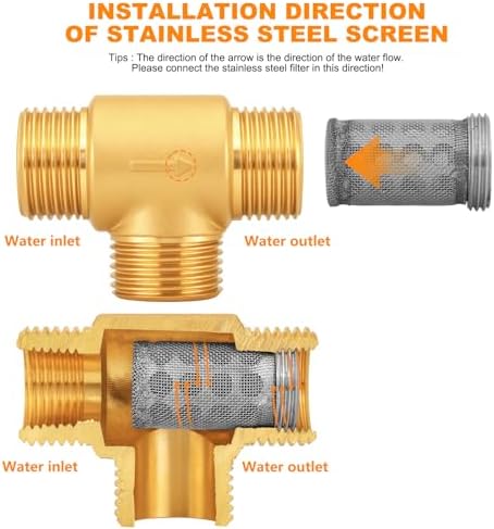 SIGURANTA Brass Garden Hose Filter, Dual Inlet: 3/4" GHT Male & 1/2" NPT Female, 3/4" GHT Male Outlet, Interchangeable 40 & 100 Mesh Screens, Ball Valve Drain, for Lawn, Garden(Set C1) - Image 5