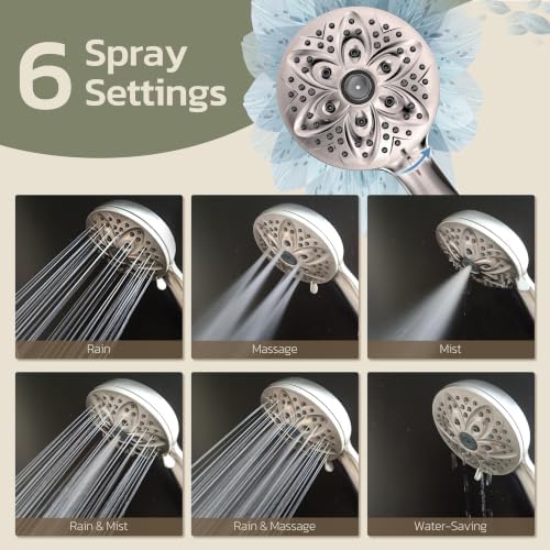 JDO Handheld Shower Head, 6 Spray Settings, Brushed Nickel Finish - Image 4