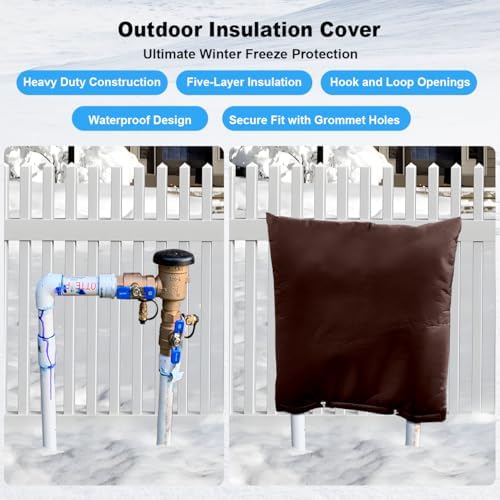 Outdoor Pipe Insulation Cover, Waterproof Backflow Preventer Cover for Winter Freeze Protection, Heavy-Duty 5-Layer Fabric Insulated Wrap for Sprinklers and Valves 16W x 20H inches- Brown - Image 3