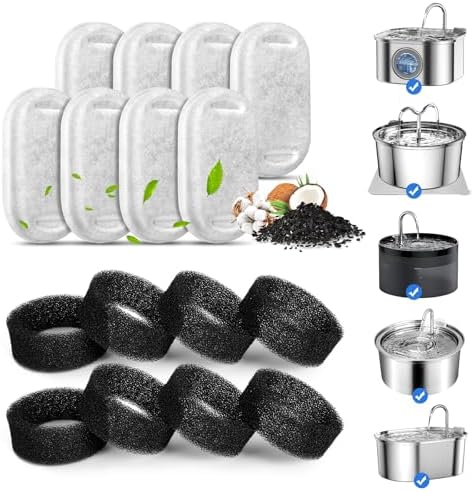 Cat Water Fountain Filters for 108/3.2L& 67oz/2L Stainless Steel Cat Fountain-Pet Water Dispenser, Replacement Filters for Pet Drinking Fountain(8 Filters&8 Sponges) by VinDox