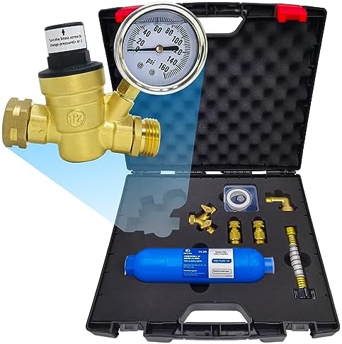 RV Water Pressure Regulator Kit, with Inline Water Filter, Lead-Free Brass Accessories, Leak Repair Kit, and All-in-One Suitcase, Complete Drinking Water Kit for RVs and Campers. by OBALOGIYourlifeassistant
