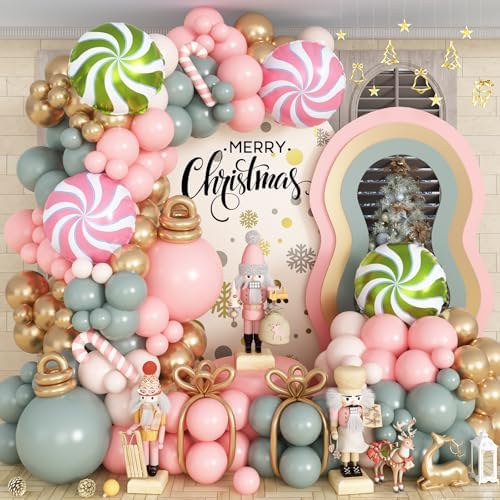 Nutcracker Christmas Balloon Garland Arch Kit, 112Pcs Green Pink and White Gold Latex Balloons with Candy Cane Mylar Foil Christmas Balloon for Girls Xmas Birthday New Year Candyland Party Decorations by Paeyeq