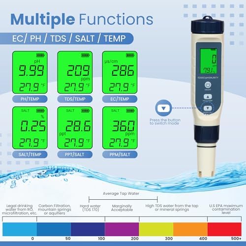 All-New 2026 Pool Salt Tester & pH Meter | Digital 5-in-1 Salinity, pH, Temperature, EC & TDS Meter for Pools, Hot Tubs, Aquariums, Hydroponics, and Drinking Water – High Accuracy & Easy Calibration - Image 5