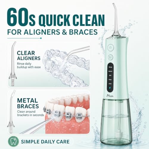 MOCEL Water Dental Flosser, Cordless Portable Oral Irrigator with OLED Display, 300ml Water Tank, 5 Cleaning Modes, 6 Jet Tips, IPX7 Waterproof Rechargeable Teeth Cleaner for Travel, Braces Green - Image 6