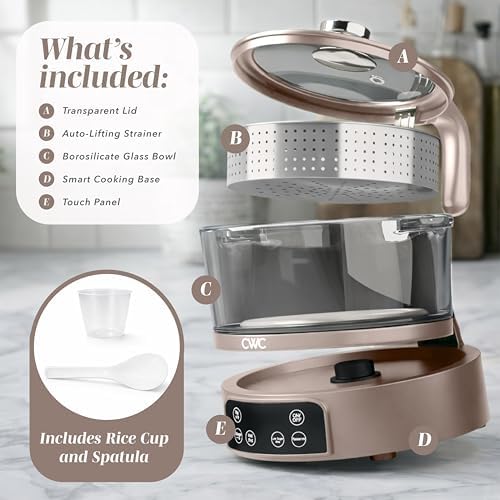 COOK WITH COLOR Glass Mini Low Carb Rice Cooker – Holds 2 Cups Raw/Makes 6 Cups Cooked with Auto Lift Filter Basket, Hotpot & Steamer for Rice, Grains, Digital Panel with Keep Warm, Goat/Mink - Image 2