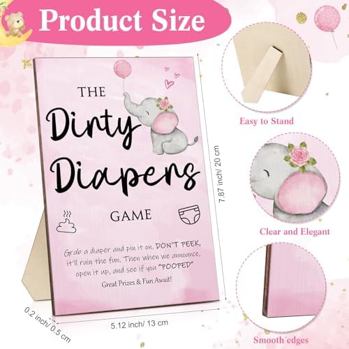 Roowest 51 Pcs Dirty Diaper Baby Shower Games, Pink Elephant - Image 2