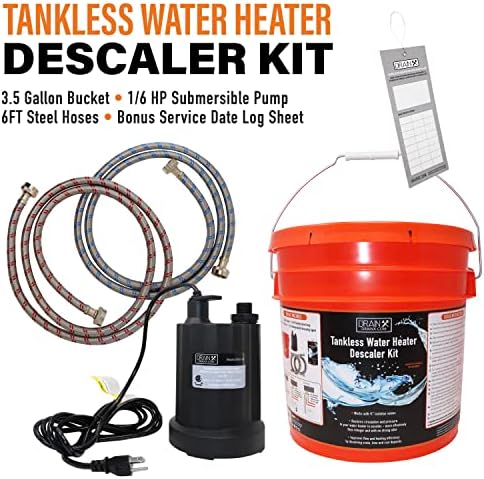DrainX Tankless Water Heater Descaling Flush Kit - 3.5 Gallon Bucket, Heavy Duty 1/6 HP Pump, Steel Hoses, Maintenance Card, Instructions - Just add Vinegar or Descaler! - Image 2
