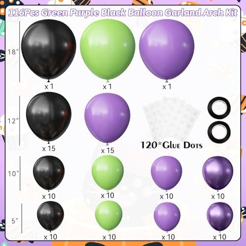 OuMuaMua Halloween Balloon Garland Arch Kit, 116PCS Green Purple Black Balloons Metallic Purple Balloons for Halloween Party Decorations Kids Birthday Baby Shower Party Favors, 5/10/12/18 Inch - Image 3