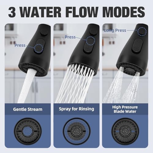 Kitchen Faucet Head Replacement, 3-Function Pull Down Spray Head with 9 Adapters, Sink Faucet Spray Head Compatible with Moen, Delta, American Standard Faucet, etc, Matte Black - Image 2