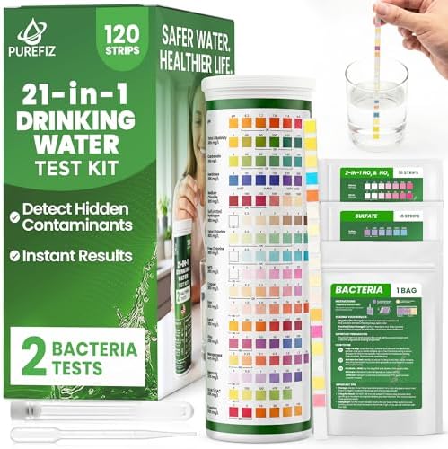 21-in-1 Drinking Water Test Kit – 120 Strips + 2 Bacteria Tests – Easy DIY Testing for Tap, Well & Spring Water – Tests Lead, Fluoride, Iron, Hardness, pH, Chlorine, Copper, Bacteria & More by PUREFIZ