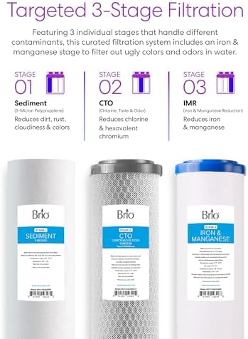 Brio 3-Stage Whole House Filtration System for Iron & Manganese Reduction, 900 GPH, 4.5" x 20" Sediment, Carbon Block, Iron & Manganese Filters Included w/Lifespan of 100,000 Gallons or 12 Months - Image 4