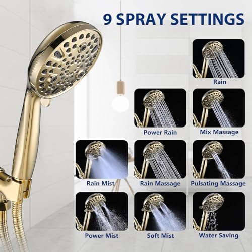 High Pressure 10 Setting Handheld Shower Head, 5" Detachable Showerhead Spray Built-in Power Wash to Clean Tub, Tile & Pets, 79" Extra Long Stainless Steel Hose, Adjustable Bracket - Gold - Image 3