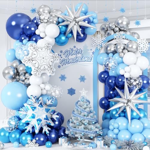 Winter Wonderland Snowflake Balloon Garland Arch Kit, 108PCS Blue and White Silver Christmas Balloons with Snowflake Foil Balloons for Snow Princess Holiday Xmas New Year Birthday Party Decorations by Paeyeq