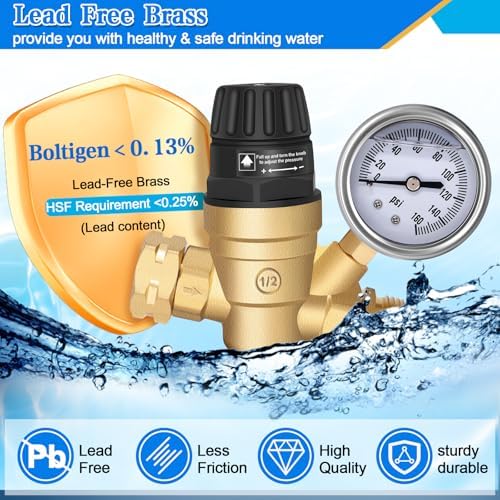 Boltigen RV Water Pressure Regulator with Gauge Lead-Free Brass Knob Adjustable Water Pressure Reducer Valve, for Camper Travel Trailer RV Drinking Water Pressure Adjust, Protecting Plumbing System - Image 4