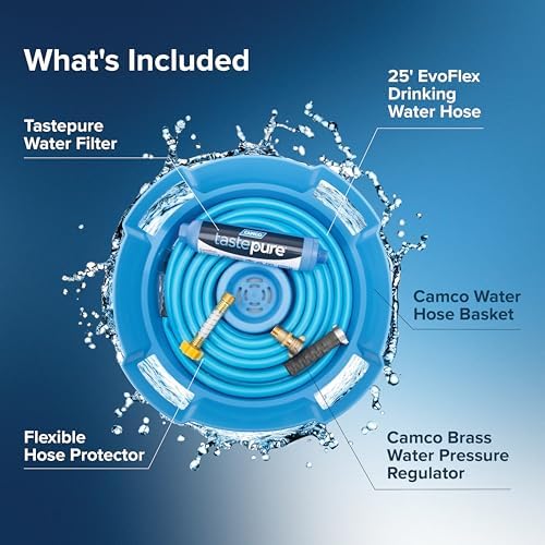 Camco Tastepure RV Freshwater Kit - Includes Tastepure RV Water Filter, Flexible Hose Protector, EvoFlex 25' Drinking Water Hose, Brass RV Water Pressure Regulator & Carrying Basket (20160) - Image 3