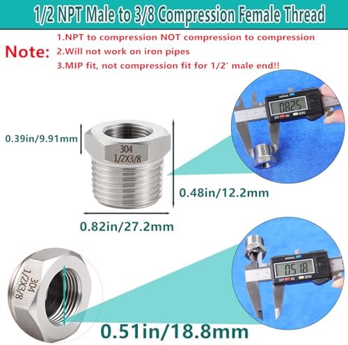 1/2 NPT Male to 3/8 Compression Female Thread Bushing Pipe Fitting（Lead-Free）,304 stainless steel Water Line Adapter, Supply Line Adapter for Kitchen Bathroom Plumbing - Image 2