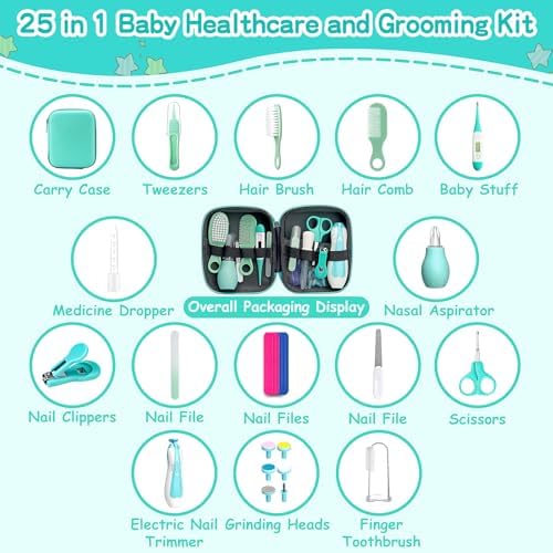 Baby Grooming Kit for Boys Girls Safety Newborn Nursery Essentials Grooming Set Gift for First-time Parents, Green 25 in 1 - Image 2