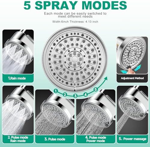 Filtered Shower Head, High Pressure 5 Spray Settings Filtered Showerhead for Hard Water Softener, Shower Head Set 30+2 Stage Shower Filter - Reduces Chlorine and Heavy Metals, 6 inch - Image 4