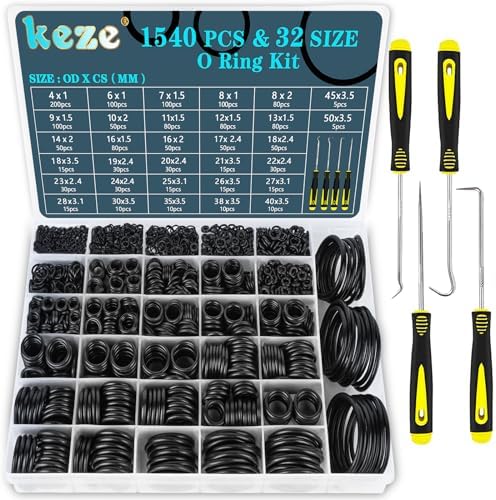 KEZE 32 Size 1540 Pcs Rubber O Rings Assortment Kit with Pick and Hook Set for Assorted Faucet Plumbing Pressure Washer Automotive Repair,Air or Gas Sealing Connections O Ring OD:4mm-50mm by KEZE