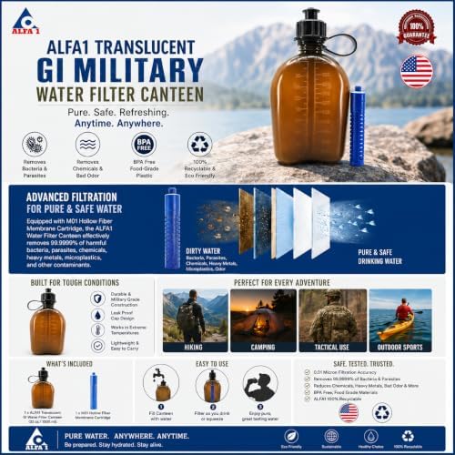 ALFA 1 Translucent See-Thru Military Water Filter Canteen, OD Green, 1 Quart/32oz | Built-in Nano Filter | Improves Taste & Odor | Camping, Hiking, Backpacking, Outdoor & Travel - Image 4