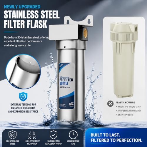 Whole House Water Filter Housing, 304 Stainless Steel, Fits Standard 10" x 2.5" Sediment Filters, 3/4" Brass Port Pre-Filter System for Well & City Water, Includes Wrench and 1 PP Sediment Filter - Image 2