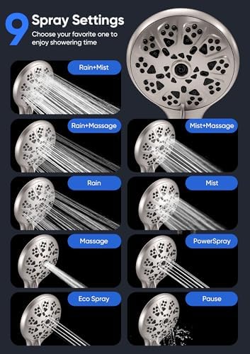 Shower Head with Handheld High Pressure, Rain Shower Head with Fixed Showerhead and 9 Sprays Handheld Shower, Detachable 2-IN-1 Shower head with 59" Rotatable Stainless Steel Hose (Nickel) - Image 2