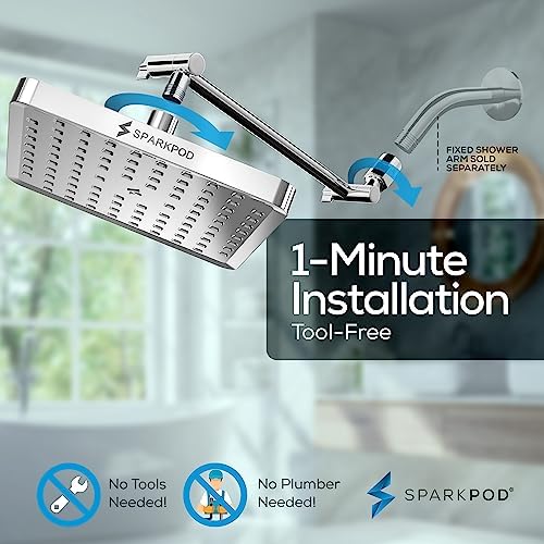 SparkPod Square Rain Shower Head, High Pressure, Extension Arm, 8" Chrome - Image 6