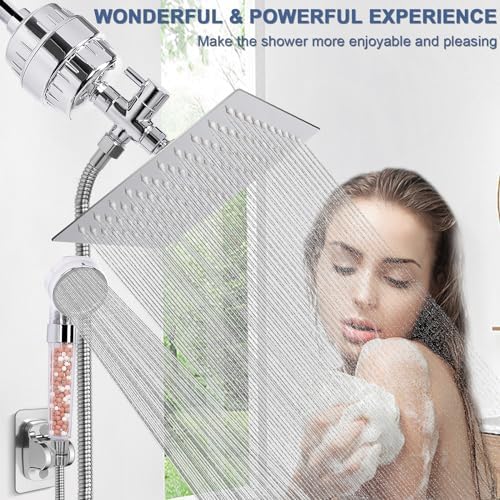 Filter Shower Head, High Pressure 8 Inch Rainfull with Filter Combo for Hard Water, Remove Chlorine Fluoride and Harmful Substances- 1 Replaceable Filter Cartridge (Square, Chrome) - Image 6