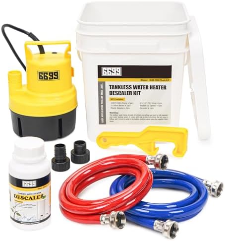 Tankless Water Heater Flushing Kit Includes 1500GPH Submersible Sump Pump with Two Adapters & Cleaner & 3 Gallons Pail with Bucket Lid Opener & Two 1/2” Dia X 6' Hoses SUB 1500 Flush Kit by Volcanorproducts