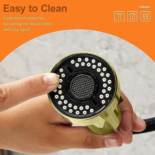TIORIY Kitchen Faucet Head with 15 Adapters, High Pressure 3 Functions Pull Down Kitchen Spray Head Replacement, Pull Out Kitchen Sink Sprayer Nozzle, Brushed Gold, ABS - Image 2