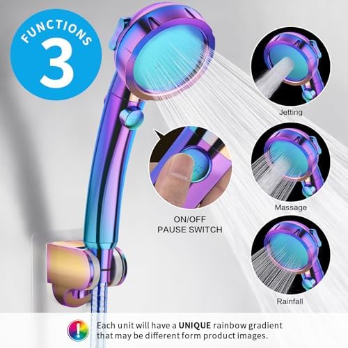 KAIYING Drill-Free High Pressure Handheld Shower Head with ON/OFF Switch, 3 Spray Modes - Polished Finish, Shower Head (Radiant Rainbow) + Bracket + Hose - Image 2