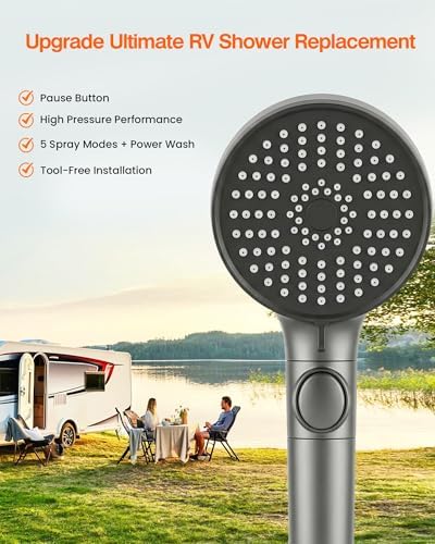 RV Shower Head with Hose, High Pressure Handheld RV Shower Head Replacement with On Off Switch,5 Modes,Power Jet, Camper Shower Head for RV,Travel Trailer,Motorhome,Boat RV Essentials,Gray - Image 4