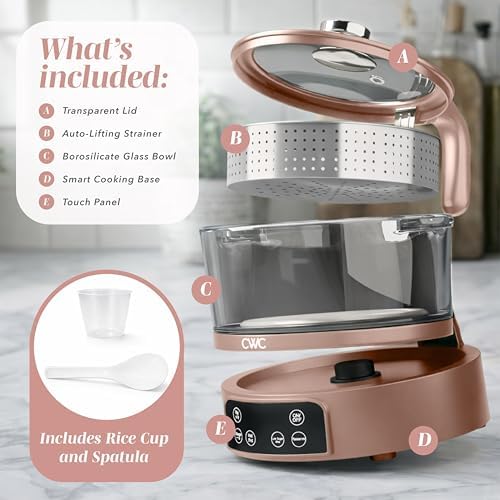 COOK WITH COLOR Glass Mini Low Carb Rice Cooker – Holds 2 Cups Raw/Makes 6 Cups Cooked with Auto Lift Filter Basket, Hotpot & Steamer for Rice, Grains, Digital Panel with Keep Warm, Dusty Rose - Image 2