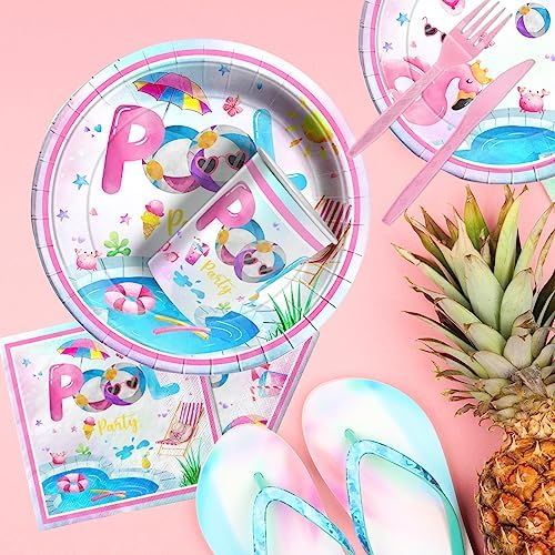 Pool Party Supplies,141pcs Pink Pool Birthday Tableware Decorations Pool Party Plates Cups Summer Theme Napkins Beach Ball Tablecloth for Hawaii Party Decoration - Image 5