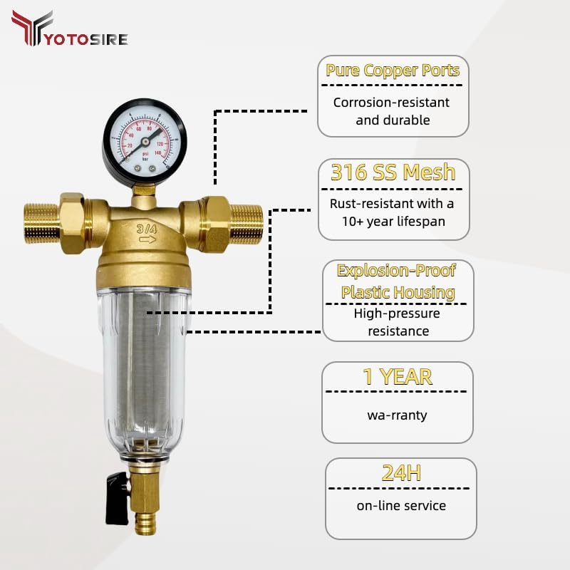 Spin Down Sediment Water Filter System with Pressure Gauge, 50&100 Micron Stainless Steel filter Mesh Pre-Filter for City/Well Water, 1" MNPT & 3/4" FNPT/MNPT Ports, Easy Backwash Cleaning - Image 2