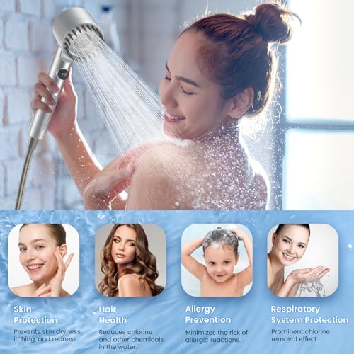 Filtered Shower Head with Handheld, High Pressure Water Flow and Multiple Spray Modes Shower Head with Filter, Power Wash for Hard Water, Showerhead with ON/OFF Switch for Pets Bath (Silver) - Image 7