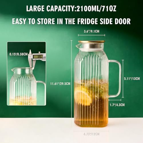 GLASKEY 2.1 Liter 71oz Square Glass Pitcher with Lid, Classic Stripes Water Pitchers with Handle for Fridge, Leak Proof Juice Jug, Borosilicate Glass Carafe for Hot/Cold Brew Drink - Image 3
