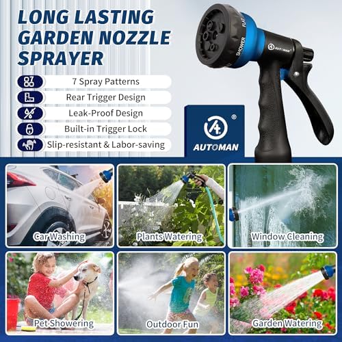 AUTOMAN-Garden-Hose-Nozzle, 2 Pack ABS Water Spray Nozzle with Heavy Duty 7 Adjustable Watering Patterns,Slip Resistant for Watering Plants,Lawn& Garden,Washing Cars,Cleaning,Showering Pets - Blue - Image 6