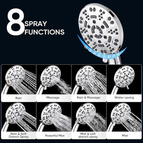 Cobbe 8-Setting Handheld Shower Head, Water-Saving Design, Chrome - Image 2